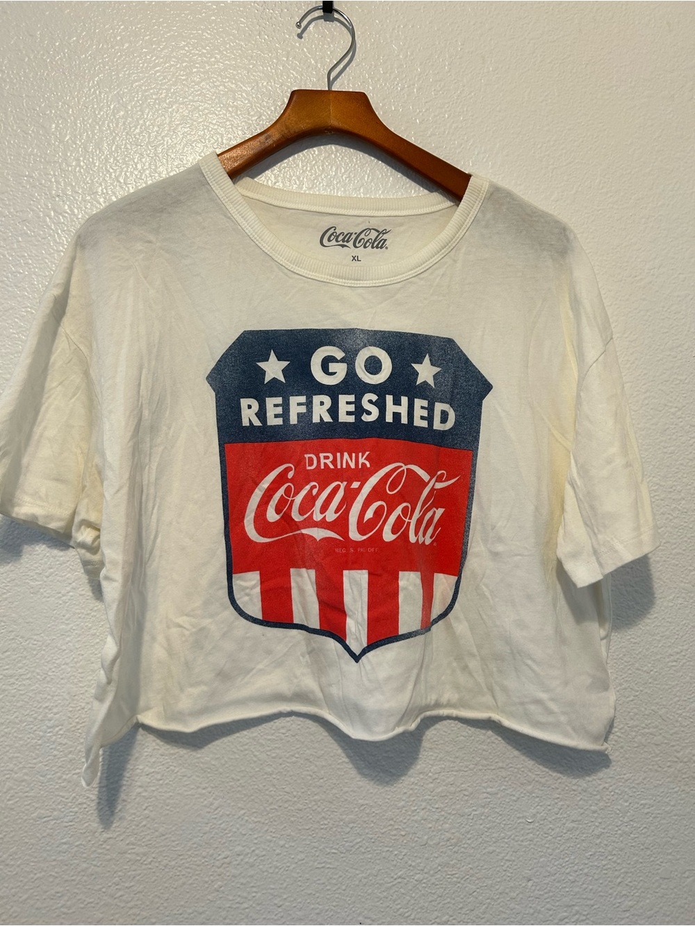 Coca Cola White Crop Graphic Tee with Red & Navy Crest